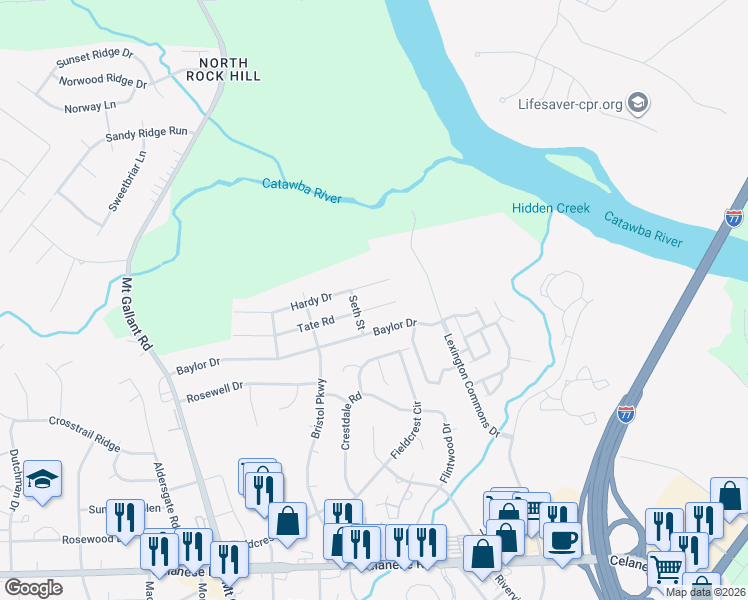 map of restaurants, bars, coffee shops, grocery stores, and more near 1641 Hardy Drive in Rock Hill