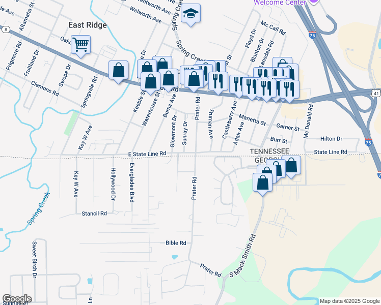 map of restaurants, bars, coffee shops, grocery stores, and more near 1621 Prater Road in Chattanooga