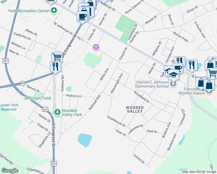 map of restaurants, bars, coffee shops, grocery stores, and more near 51 Railroad Avenue in York