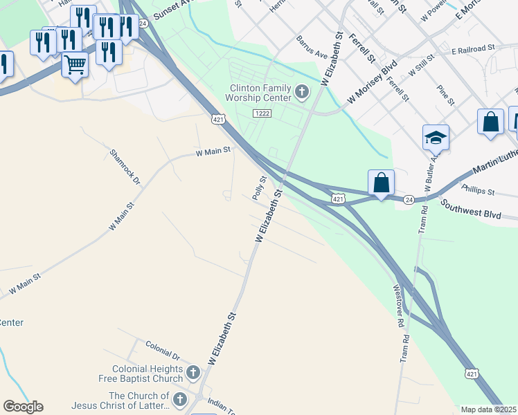 map of restaurants, bars, coffee shops, grocery stores, and more near 105 Davis Street in Clinton