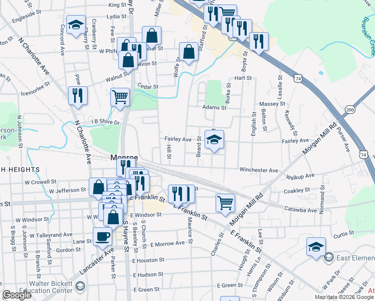 map of restaurants, bars, coffee shops, grocery stores, and more near 501 Brown Street in Monroe