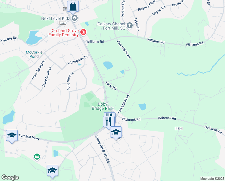 map of restaurants, bars, coffee shops, grocery stores, and more near 1925 Haire Road in Fort Mill
