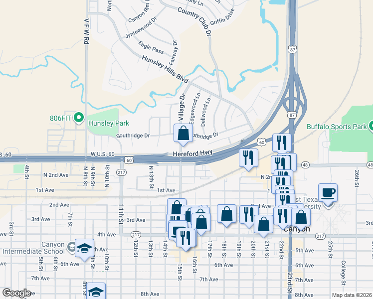 map of restaurants, bars, coffee shops, grocery stores, and more near 302 North 15th Street in Canyon