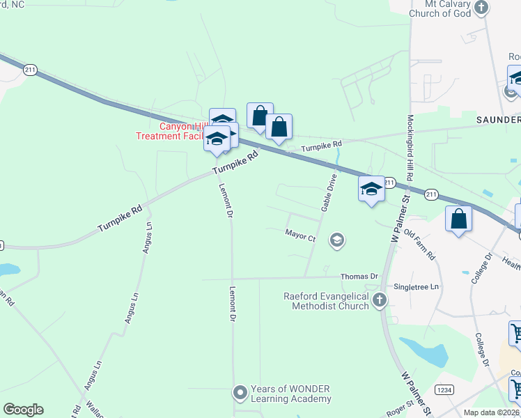 map of restaurants, bars, coffee shops, grocery stores, and more near 309 Westminster Drive in Raeford
