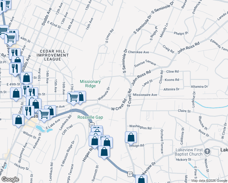 map of restaurants, bars, coffee shops, grocery stores, and more near 3653 Tanaka Trail in Chattanooga