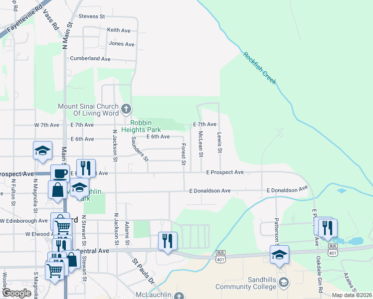 map of restaurants, bars, coffee shops, grocery stores, and more near 608 Forest Street in Raeford