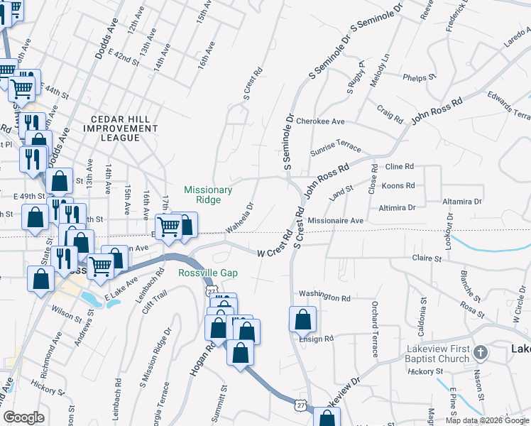map of restaurants, bars, coffee shops, grocery stores, and more near 3653 Tanaka Trail in Chattanooga