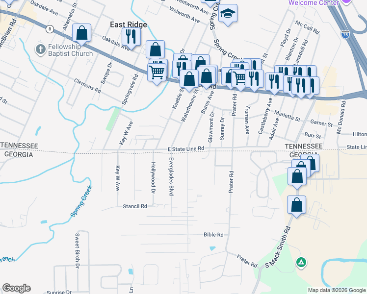 map of restaurants, bars, coffee shops, grocery stores, and more near 5818 East State Line Road in Chattanooga