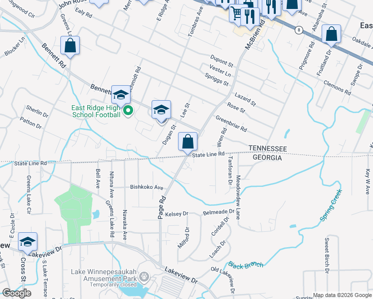 map of restaurants, bars, coffee shops, grocery stores, and more near 2111 Mcbrien Road in Chattanooga