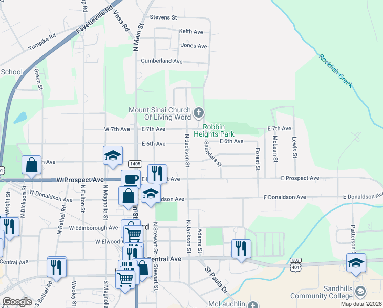 map of restaurants, bars, coffee shops, grocery stores, and more near 608 North Jackson Street in Raeford