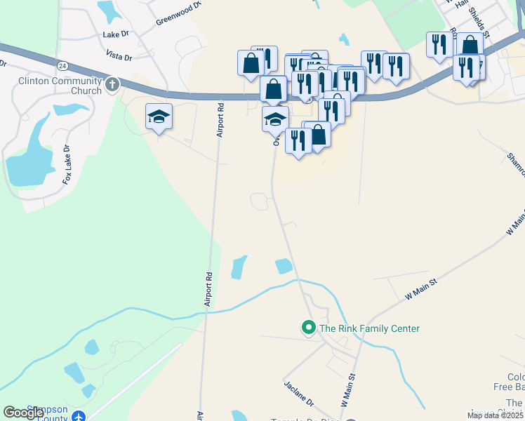 map of restaurants, bars, coffee shops, grocery stores, and more near 412 Overland Road in Clinton