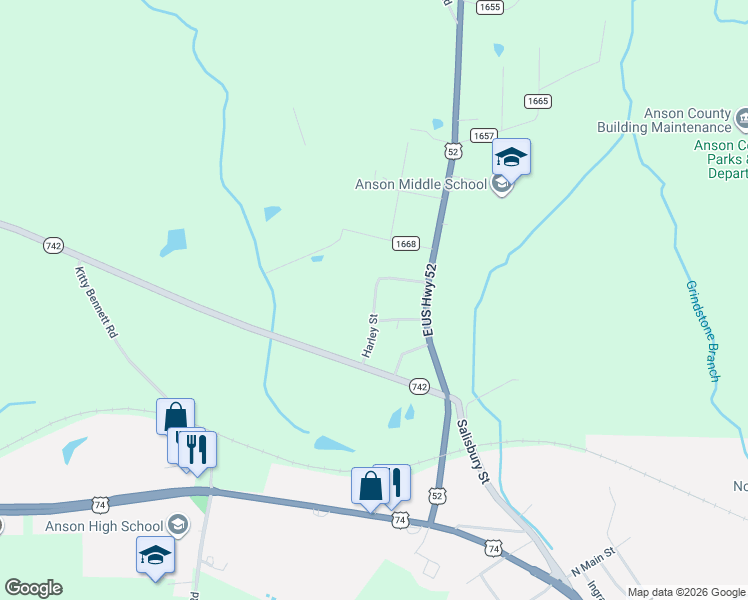 map of restaurants, bars, coffee shops, grocery stores, and more near 179 Harley Street in Wadesboro