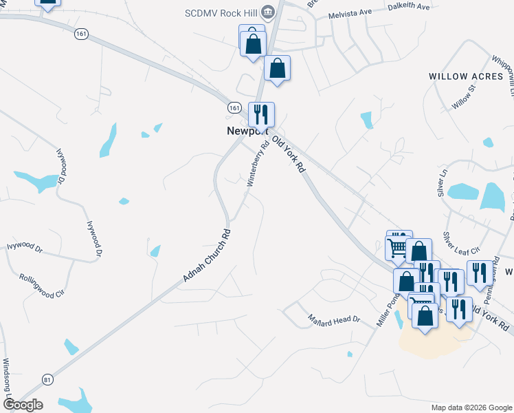 map of restaurants, bars, coffee shops, grocery stores, and more near 5177 Valleymere Road in Rock Hill
