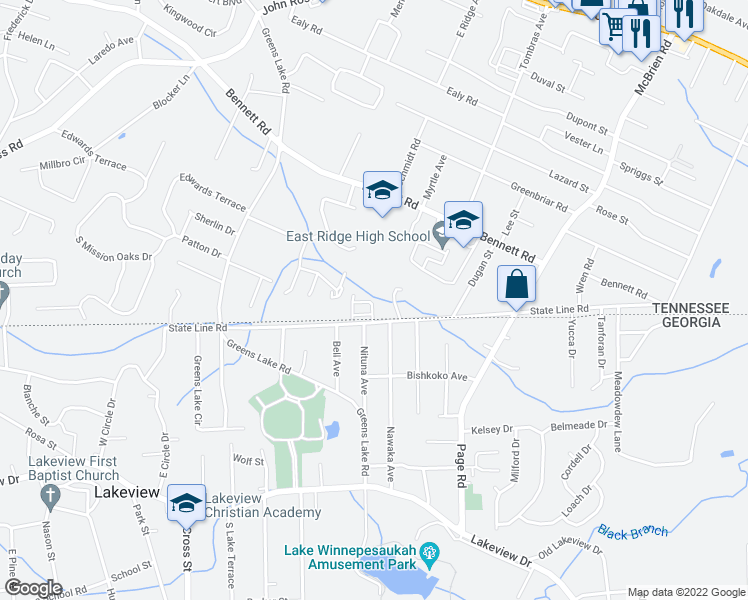 map of restaurants, bars, coffee shops, grocery stores, and more near 913 State Line Road in East Ridge