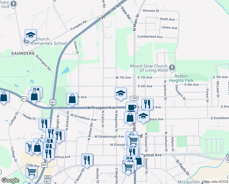 map of restaurants, bars, coffee shops, grocery stores, and more near 607 North Magnolia Street in Raeford