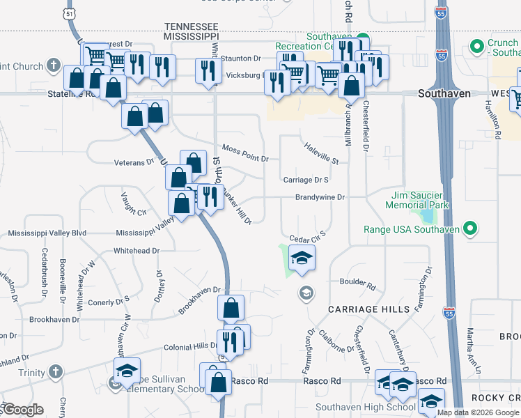 map of restaurants, bars, coffee shops, grocery stores, and more near 8681 Yorktown Drive in Southaven