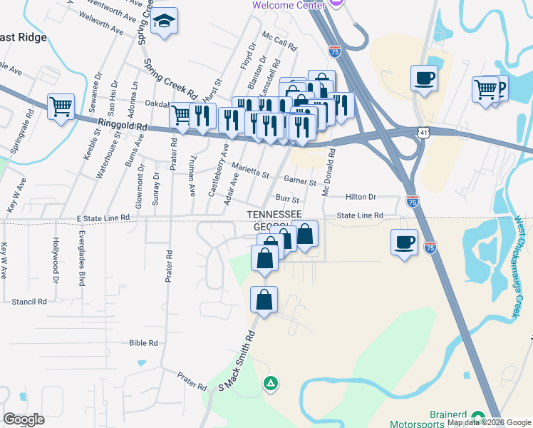 map of restaurants, bars, coffee shops, grocery stores, and more near 1708 South Mack Smith Road in East Ridge