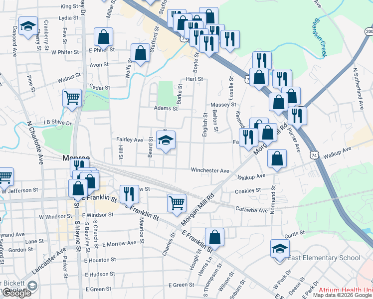 map of restaurants, bars, coffee shops, grocery stores, and more near 418 Boyte Street in Monroe