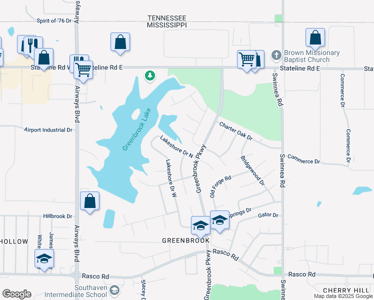 map of restaurants, bars, coffee shops, grocery stores, and more near 512 Lake Shore Drive North in Southaven