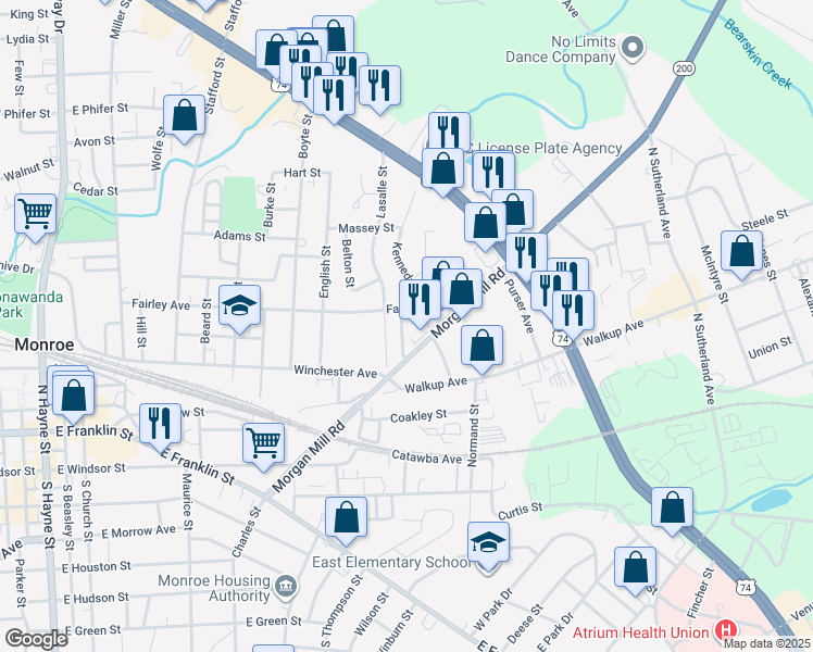 map of restaurants, bars, coffee shops, grocery stores, and more near 706 1st Street in Monroe