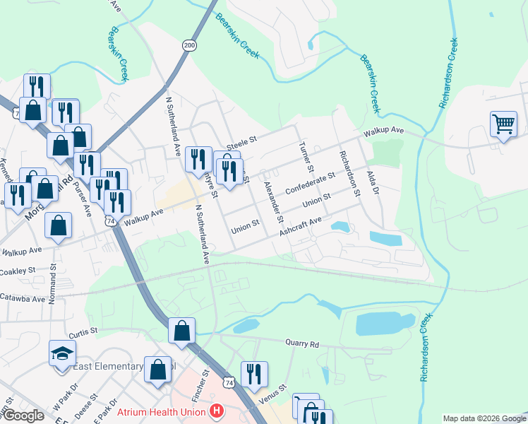 map of restaurants, bars, coffee shops, grocery stores, and more near 302 Jones St in Monroe