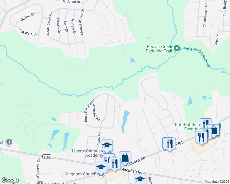 map of restaurants, bars, coffee shops, grocery stores, and more near 6260 Stoney Point Loop in Fayetteville