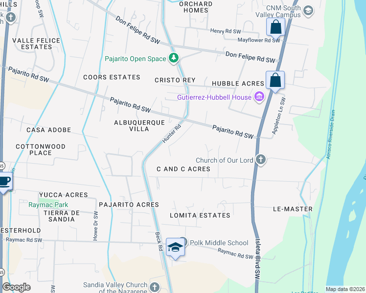 map of restaurants, bars, coffee shops, grocery stores, and more near 6205 Contessa Place Southwest in Albuquerque