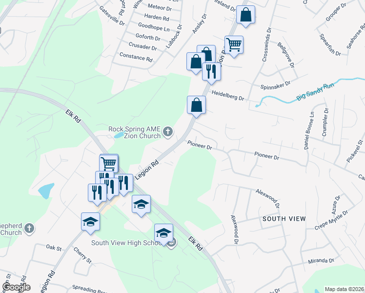 map of restaurants, bars, coffee shops, grocery stores, and more near 4017 Legion Road in Hope Mills