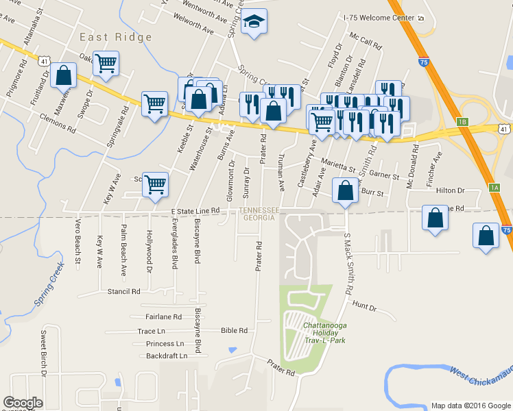 map of restaurants, bars, coffee shops, grocery stores, and more near 1621 Prater Road in Chattanooga