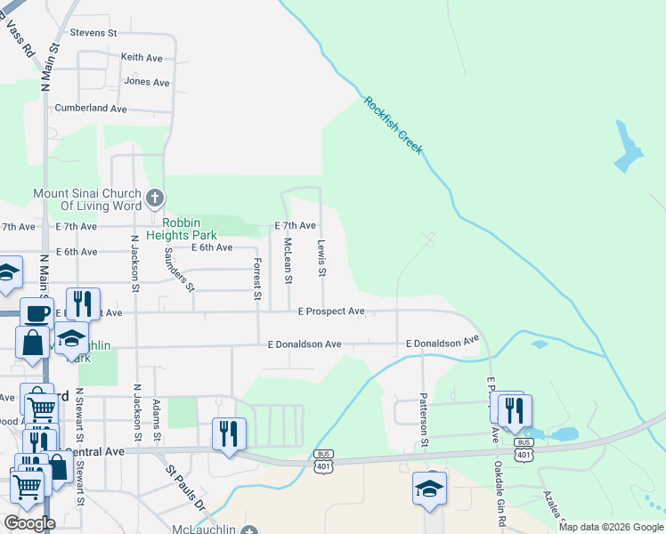 map of restaurants, bars, coffee shops, grocery stores, and more near 606 Lewis Street in Raeford