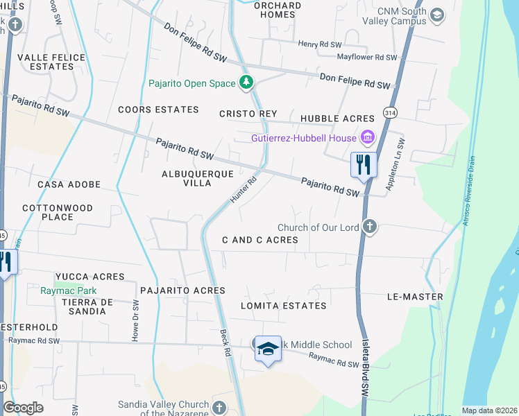 map of restaurants, bars, coffee shops, grocery stores, and more near 6205 Contessa Place Southwest in Albuquerque