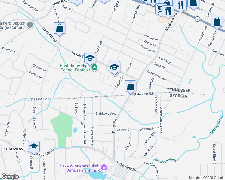 map of restaurants, bars, coffee shops, grocery stores, and more near 2179 Dugan Street in Chattanooga