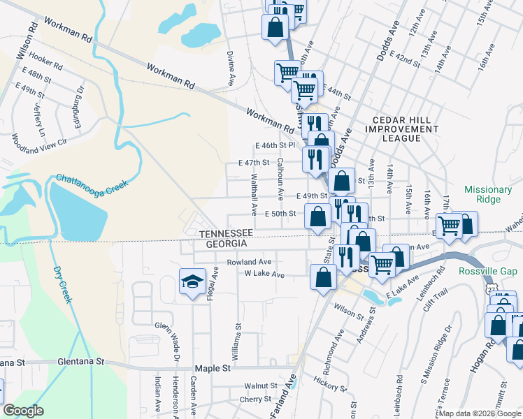 map of restaurants, bars, coffee shops, grocery stores, and more near 1417 East 50th Street in Chattanooga