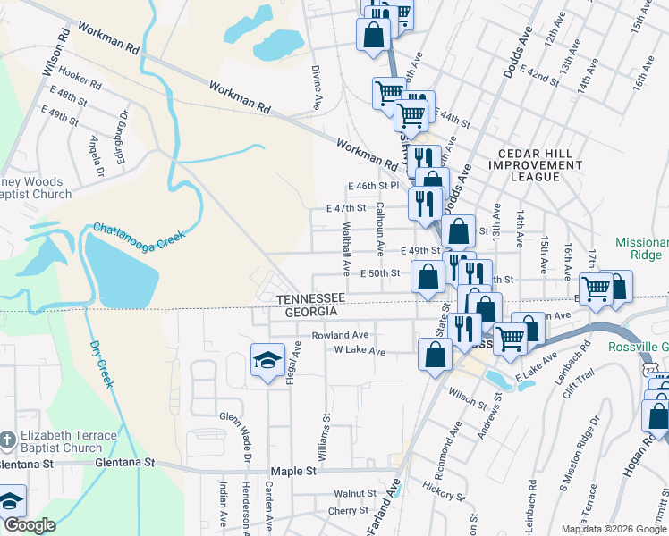map of restaurants, bars, coffee shops, grocery stores, and more near 1417 East 50th Street in Chattanooga