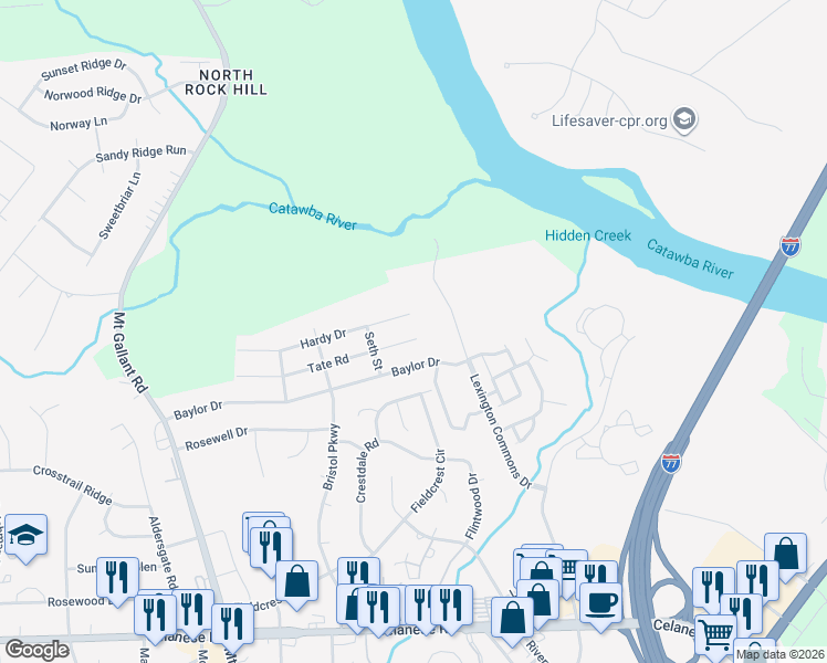 map of restaurants, bars, coffee shops, grocery stores, and more near 1602 Tate Road in Rock Hill