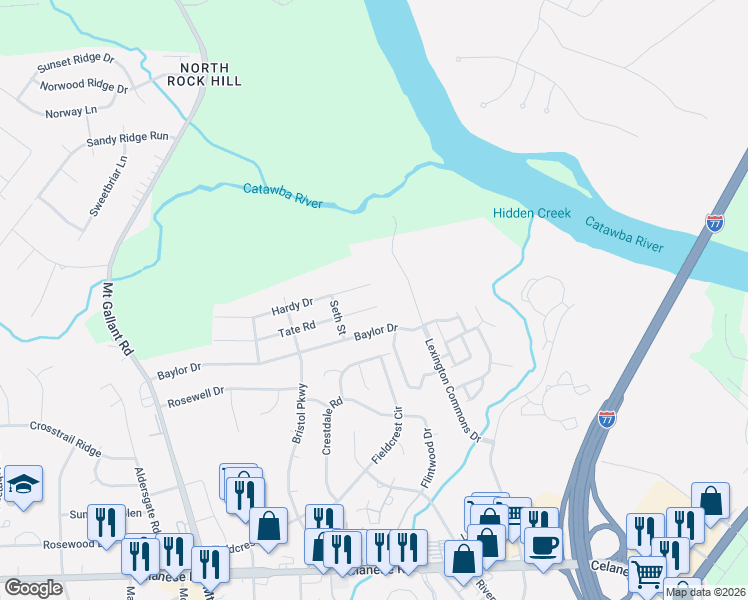 map of restaurants, bars, coffee shops, grocery stores, and more near 1602 Tate Road in Rock Hill