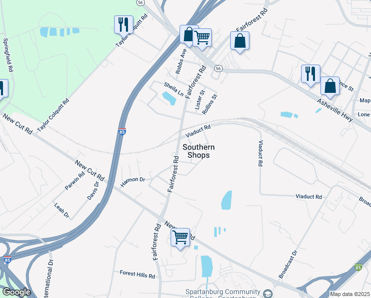 map of restaurants, bars, coffee shops, grocery stores, and more near 8513 Fairforest Road in Spartanburg