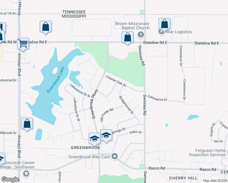 map of restaurants, bars, coffee shops, grocery stores, and more near 8606 Woodbine Drive in Southaven