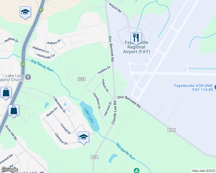 map of restaurants, bars, coffee shops, grocery stores, and more near 3333 Auburn Drive in Fayetteville