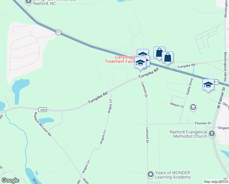 map of restaurants, bars, coffee shops, grocery stores, and more near 104 Angus Lane in Raeford
