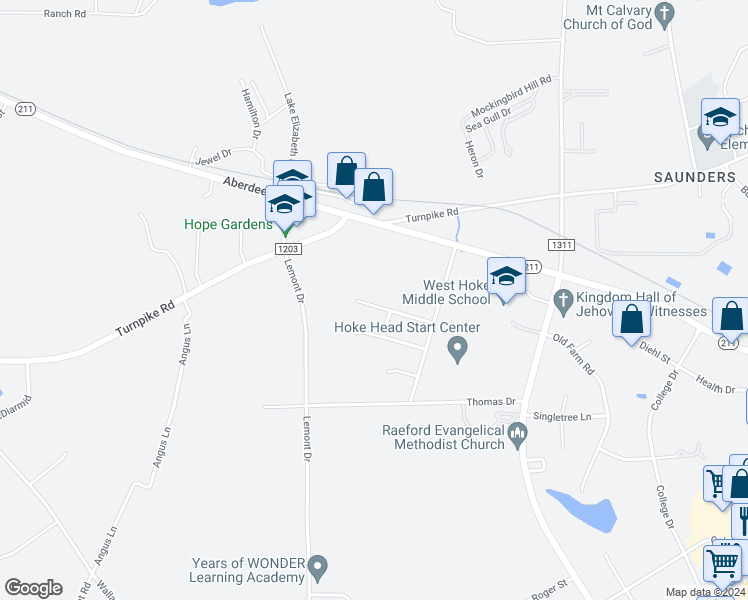 map of restaurants, bars, coffee shops, grocery stores, and more near 258 Westminster Drive in Raeford
