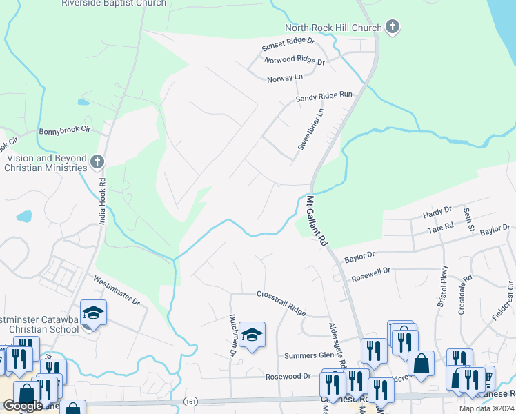 map of restaurants, bars, coffee shops, grocery stores, and more near 2246 Drawbridge Court in Rock Hill