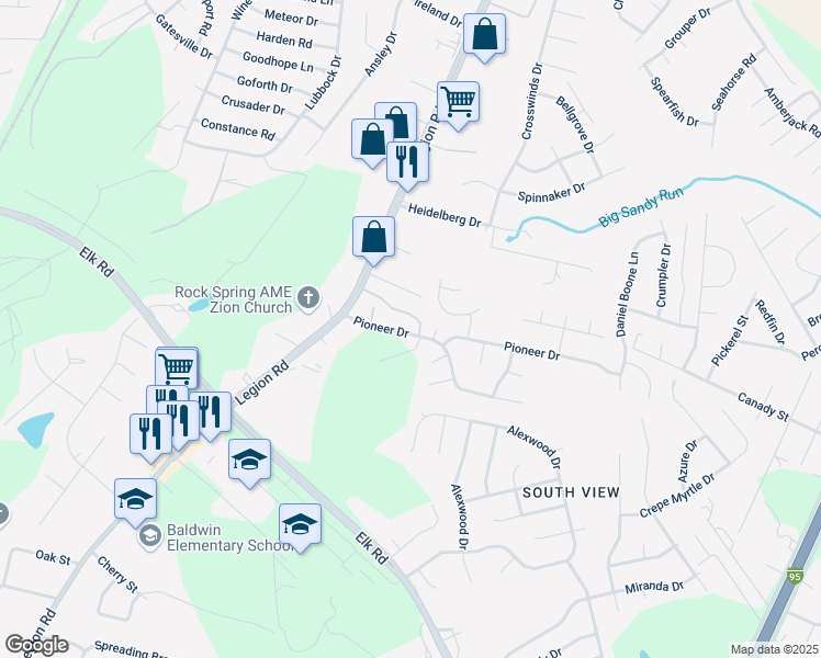 map of restaurants, bars, coffee shops, grocery stores, and more near 3535 Pioneer Drive in Hope Mills