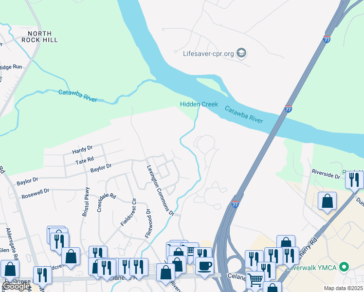 map of restaurants, bars, coffee shops, grocery stores, and more near 1776 Lexington Commons Drive in Rock Hill