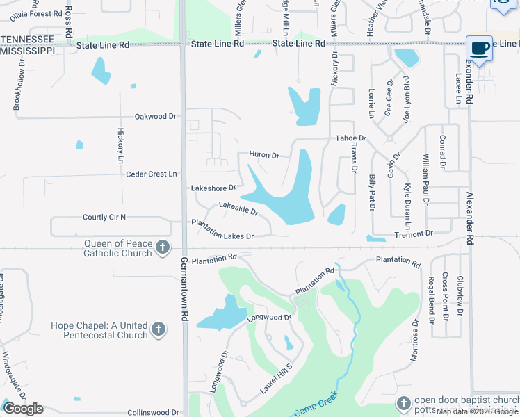 map of restaurants, bars, coffee shops, grocery stores, and more near 9218 Lakeside Drive in Olive Branch