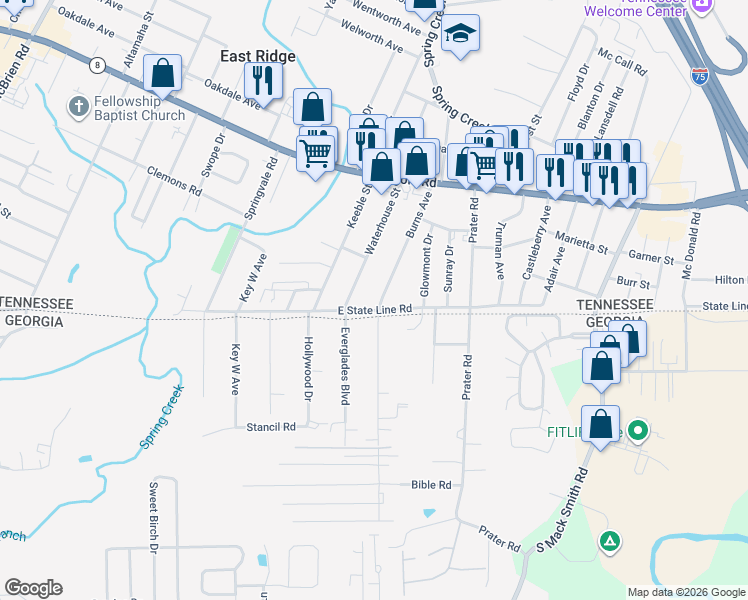 map of restaurants, bars, coffee shops, grocery stores, and more near 5818 East State Line Road in Chattanooga