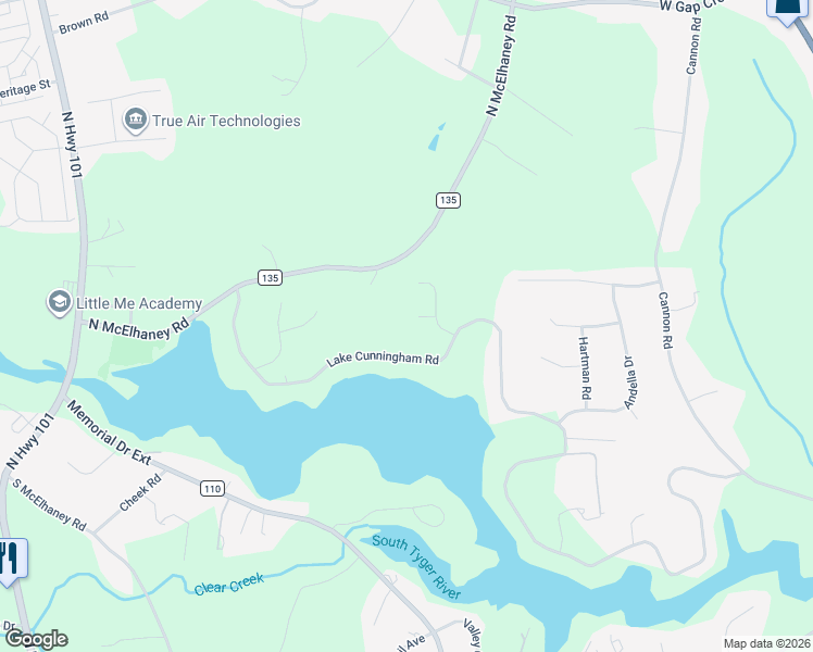 map of restaurants, bars, coffee shops, grocery stores, and more near 1756 Lake Cunningham Road in Greer