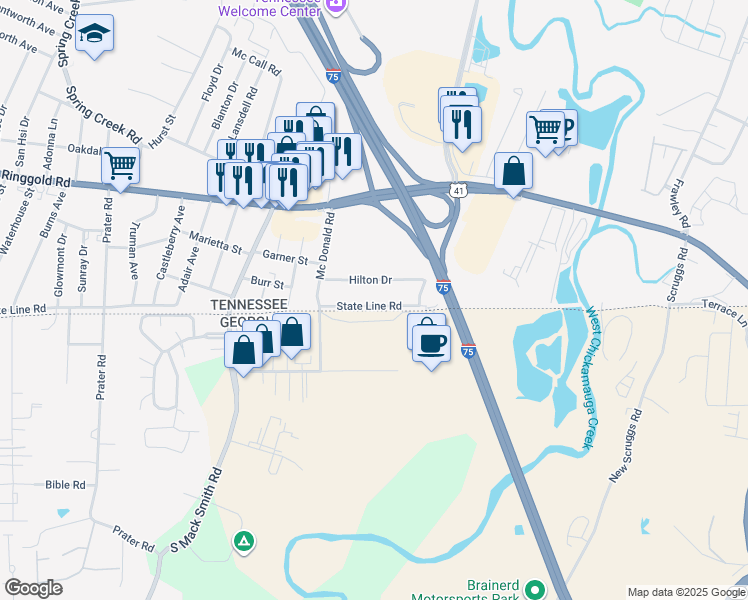 map of restaurants, bars, coffee shops, grocery stores, and more near 6623 State Line Road in Chattanooga