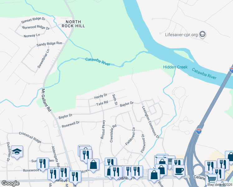 map of restaurants, bars, coffee shops, grocery stores, and more near 1641 Hardy Drive in Rock Hill