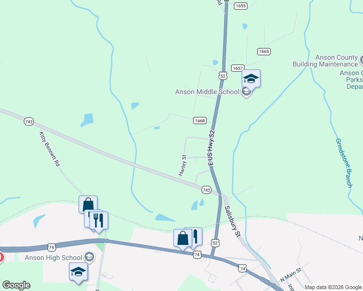 map of restaurants, bars, coffee shops, grocery stores, and more near 179 Harley Street in Wadesboro